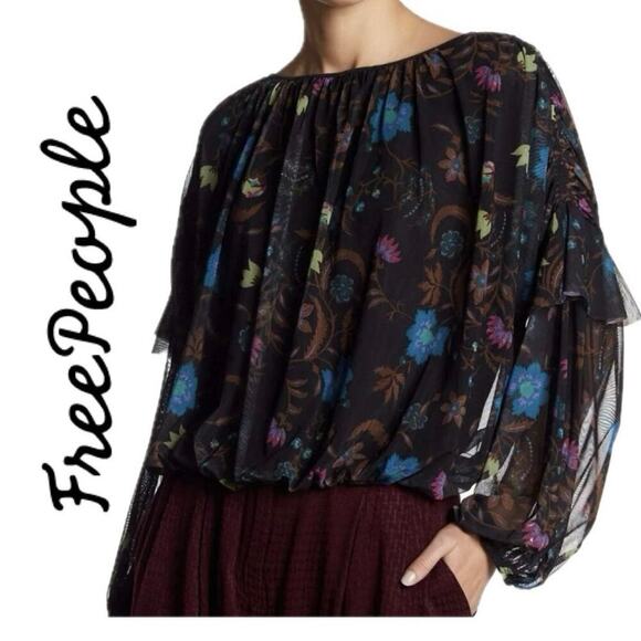 Free People Tops - FREE PEOPLE BLOUSON WILDFLOWER HONEY SZ XS RUCHING RUFFLING SLEEVES AESTHETIC